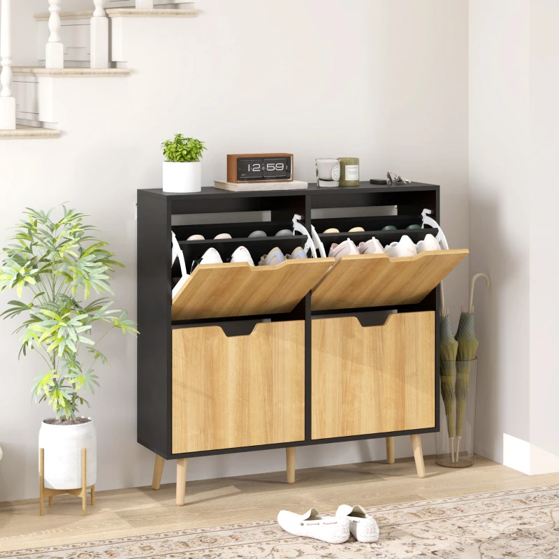 HOMCOM Zapatero Estrecho con 4 Cajones Abatibles y Estantes Ajustables para 16 Pares 95x26x95 cm Natural y Negro