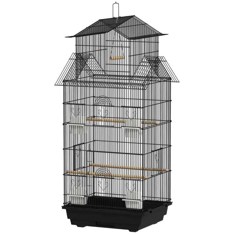 PawHut Cage à oiseaux volière avec balançoire poignée portable 4 mangeoires 3 perchoirs 50,5 x 41 x 104 cm en acier noir