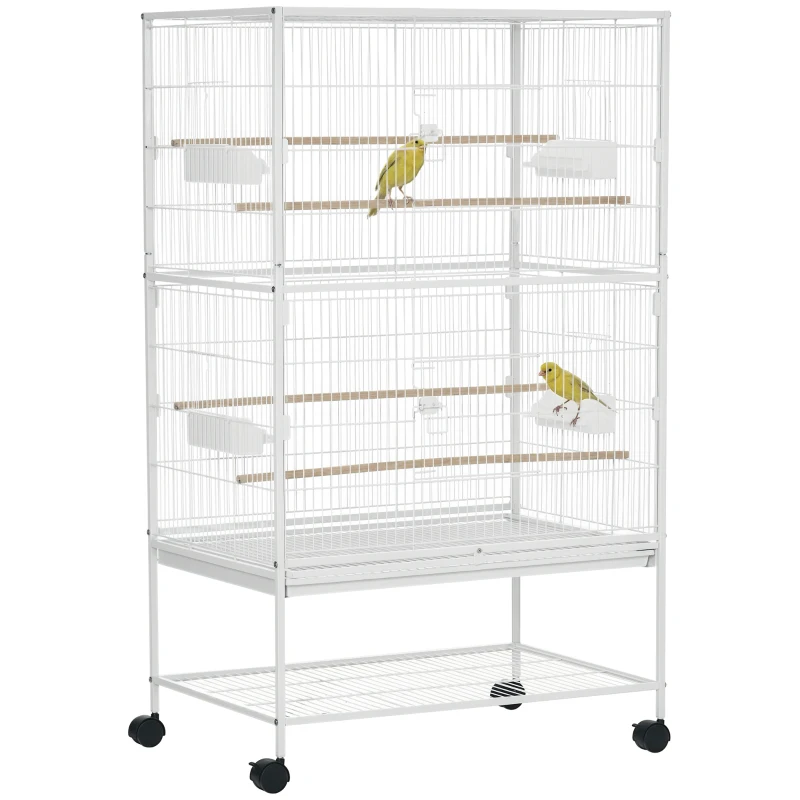 PawHut Gaiola para Pássaros com Rodas Bandeja Amovível 4 Portas Comedouros e Prateleira de Armazenamento 78x52x132cm Branco