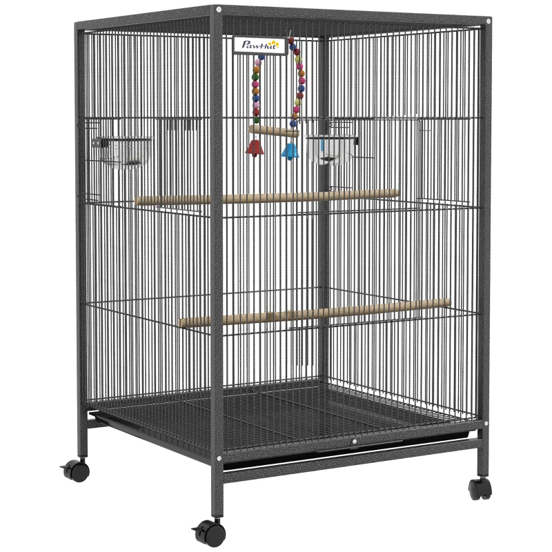 PawHut Cage oiseau sur pied cage sur roulettes avec balançoire, perchoirs et plateau coulissant 48 x 46 x 74 cm en acier noir