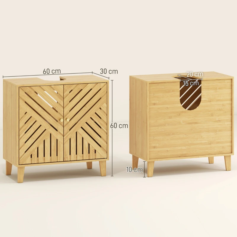HOMCOM Meuble sous lavabo, meuble de salle de bain en bambou avec étagère réglable et portes à lattes 60 x 30 x 60 cm, naturel