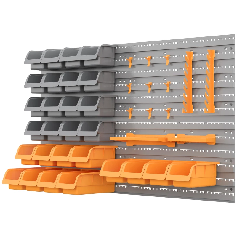 DURHAND Estantería de Pared para Herramientas 95x54 cm con 28 Cajas Apilables y Diferentes Ganchos Gris y Naranja