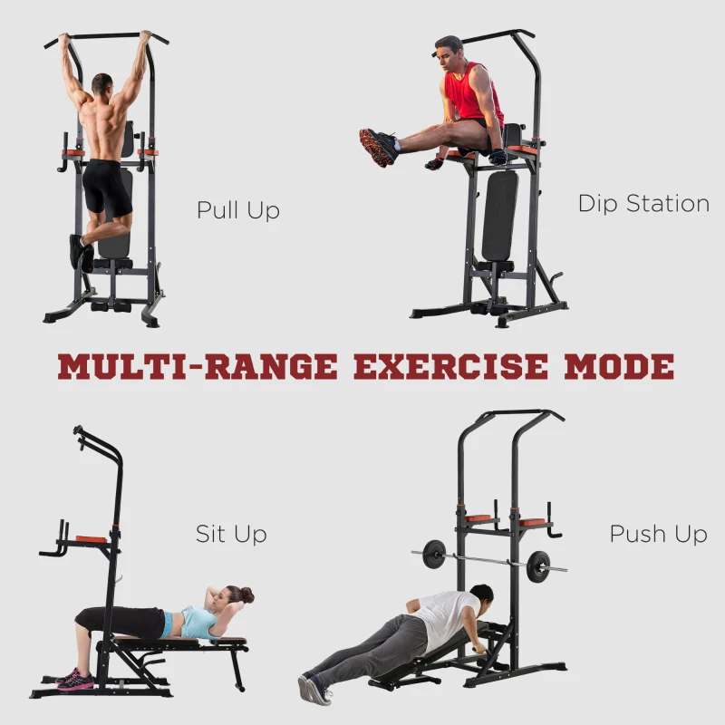 HOMCOM Multifunction Power Tower with Adjustable Weight Bench, Dip Station and Push-up Bars, Office Gym Training Fitness Equipment
