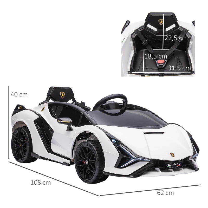 HOMCOM Carro Elétrico Lamborghini SIAN 12V com Controle Remoto Abertura da Porta Música MP3 USB e Faróis 108x62x40 cm Branco