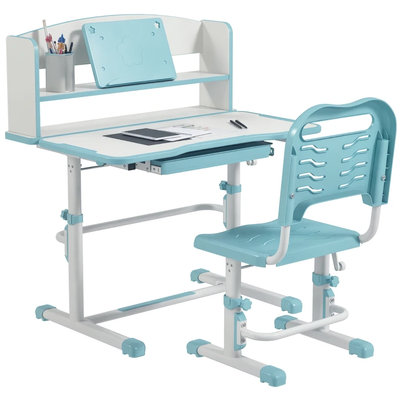 ZONEKIZ Set Scrivania per Bambini con Sedia Regolabile in Altezza e Piano Inclinabile, Età 6-12 Anni, Blu