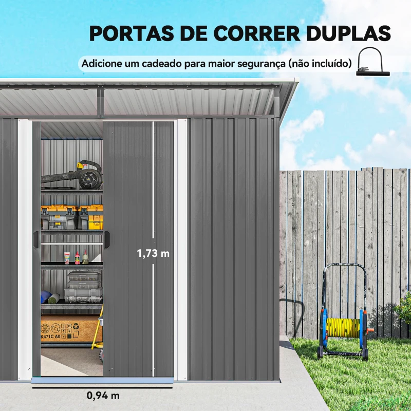Outsunny Abrigo de Jardim 4,5 m² 260x194x200 cm Abrigo Exterior Metálico com 2 Portas Deslizantes para Armazenamento de Ferramentas Cinza