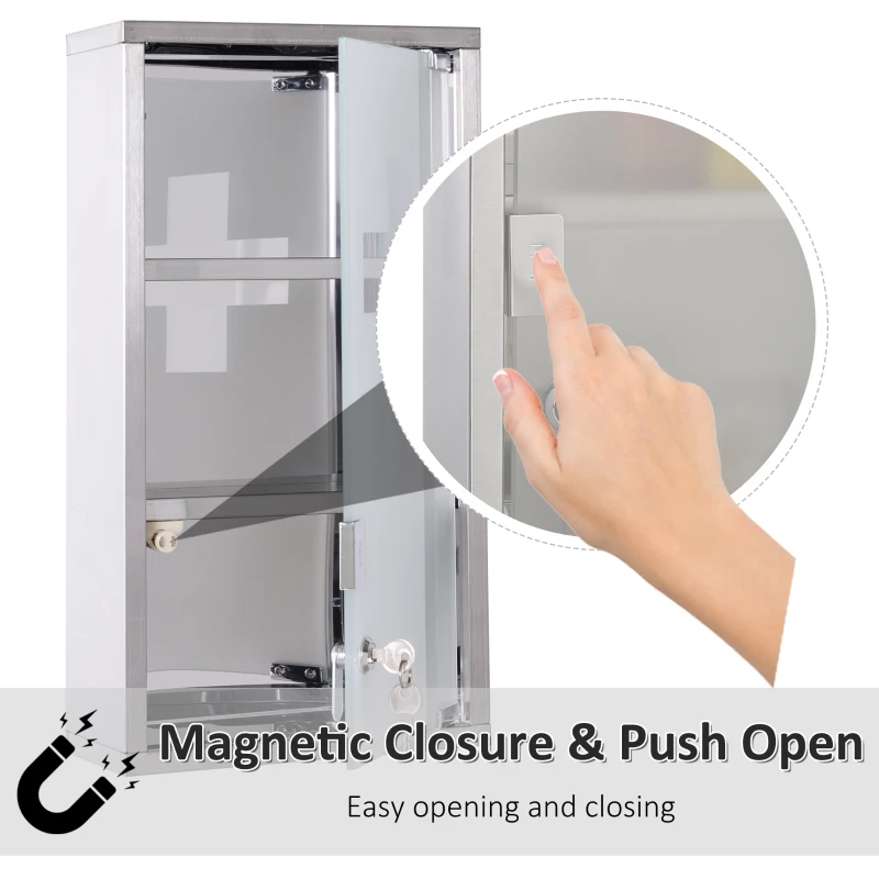 HOMCOM Wall Mounted Medicine Cabinet, Stainless Steel Bathroom Storage Cabinet with 2 Shelves, Glass Door Lockable