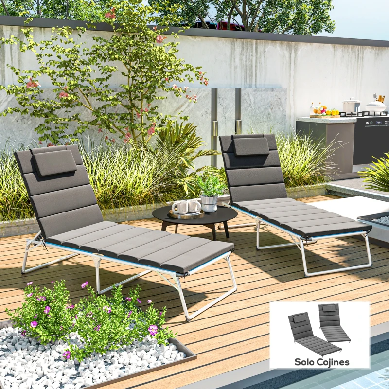 Outsunny Pack 2 Cojines para Tumbonas Plegables 203x66x3 cm con Reposacabezas y Correas de Sujeción Gris Oscuro