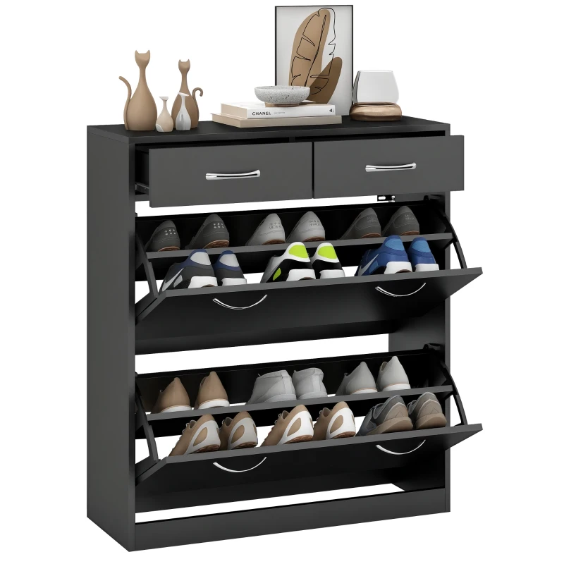 HOMCOM Mobile Scarpiera da 12 Paia con 2 Ripiani Interni Regolabili e 2 Cassetti, in Legno, 80x30x91.5 cm, Nero