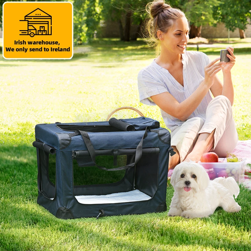 PawHut 60cm Pet Carrier Bag, Folding Cat Bag, Soft Dog Crate for Miniature Dogs with Cushion Storage Bags, Dark Blue