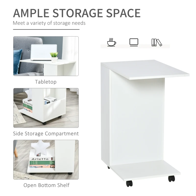 HOMCOM C-Shape Sofa Side Table with Wheels and Storage, Mobile End Table for Laptop, Coffee, Snack, White
