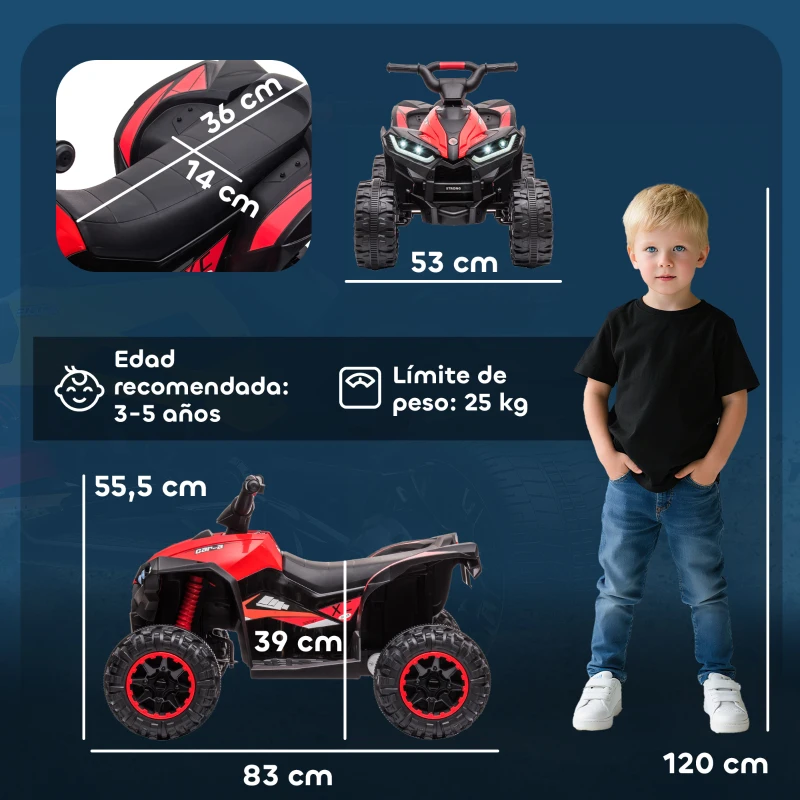 HOMCOM Quad Eléctrico para Niños de 3-5 Años Vehículo Eléctrico a Batería 12V con 2 Motores 83x53x55,5 cm Negro y Rojo