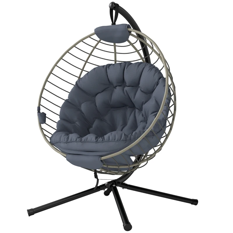Outsunny PE Rattan Swing Chair, Outdoor Hanging Chair with Metal Stand, Thick Padded Cushion, Foldable Basket and Cup Holder, for Indoor and Outdoor, Grey