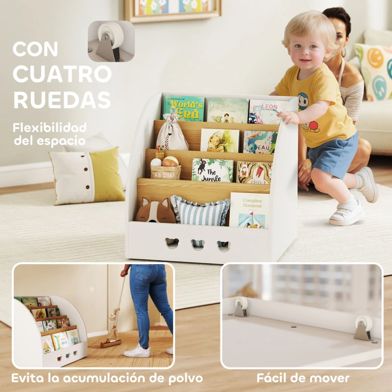 AIYAPLAY Estantería Infantil para Juguetes 4 Niveles para la Habitación Infantil Sala de Juegos 60x53x60 cm Blanco y Natural