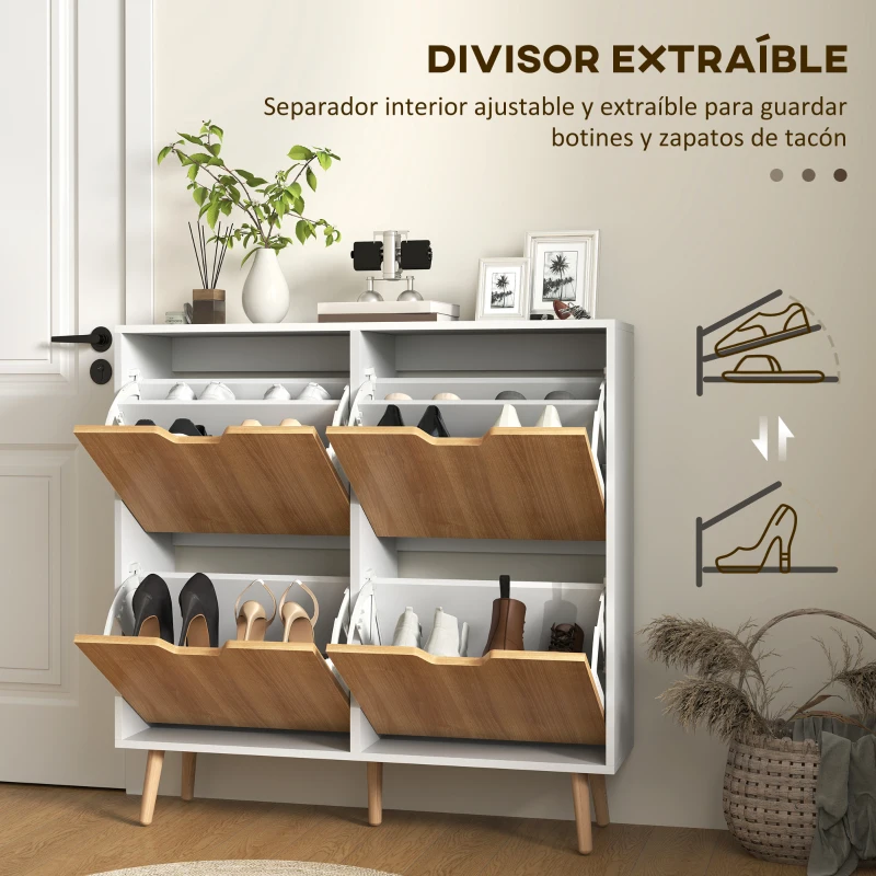 HOMCOM Zapatero Estrecho con 4 Cajones Abatibles y Estantes Ajustables para 16 Pares 95x26x95 cm Natural y Blanco
