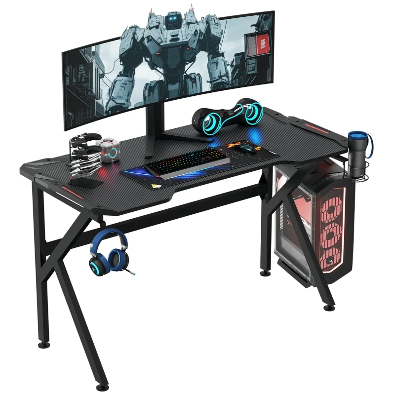 HOMCOM Bureau gaming bureau gamer bureau informatique support casque porte-gobelet passe-câbles inclus métal MDF texture fibre carbone noir