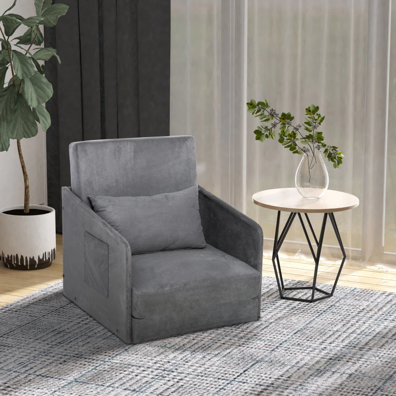HOMCOM Single Sofa Bed Fabric Armchair Bed Soft Floor Sleeper Lounger Futon Couch with Pillow and Pocket Grey