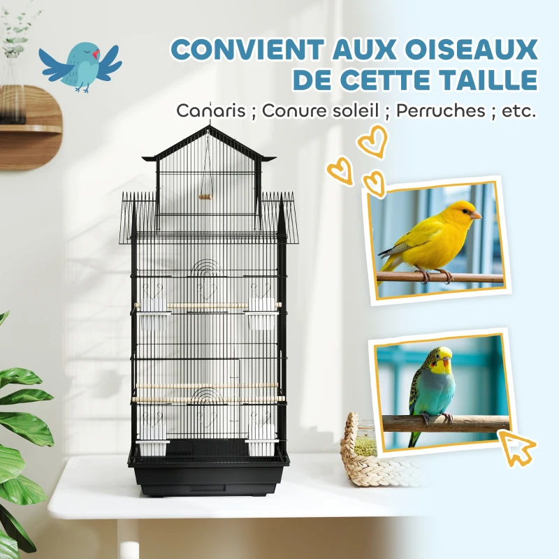 PawHut Cage à oiseaux volière avec balançoire poignée portable 4 mangeoires 3 perchoirs 50,5 x 41 x 104 cm en acier noir