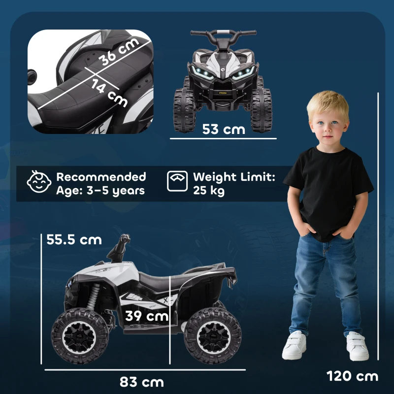 HOMCOM ATV Electric pentru Copii, Motocicletă pentru Copii cu Motor Dublu, 2 Viteze, Roți Late și Faruri LED, 83x53x55.5 cm, Alb(m-3)