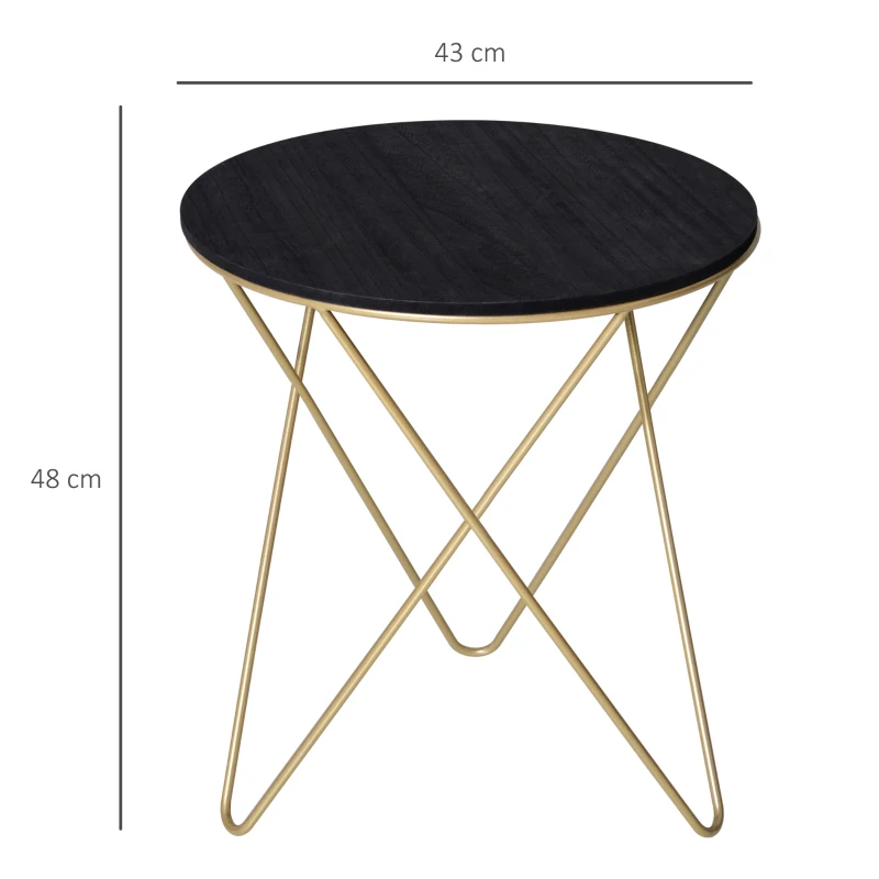 HOMCOM Round End Table, Sofa Side Table with Wood Grain Top and Metal Crossed Legs, Accent Coffee Table for Living Room, Bedroom, Black, Gold Tone
