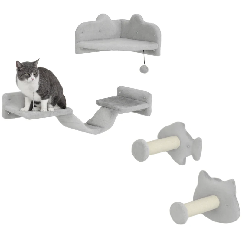 PawHut Juego de Pared de Escalada para Gatos con Postes de Sisal Plataforma Doble con Escalera y 1 Plataforma para Saltar Gris