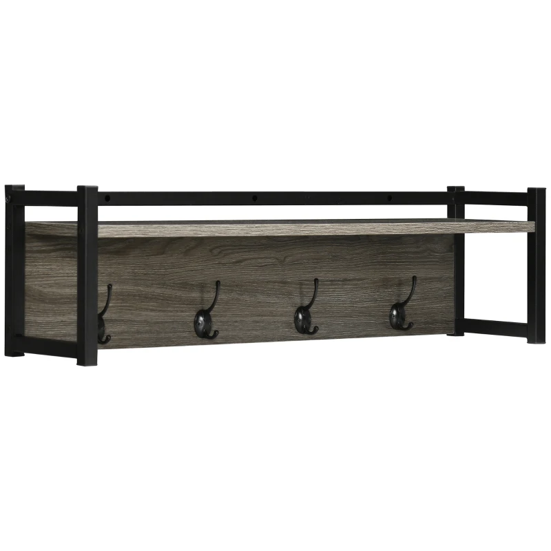 HOMCOM Perchero de Pared con 4 Ganchos Estantería Flotante con Perchero para Pasillo Entrada 80x20x22,5 cm Gris