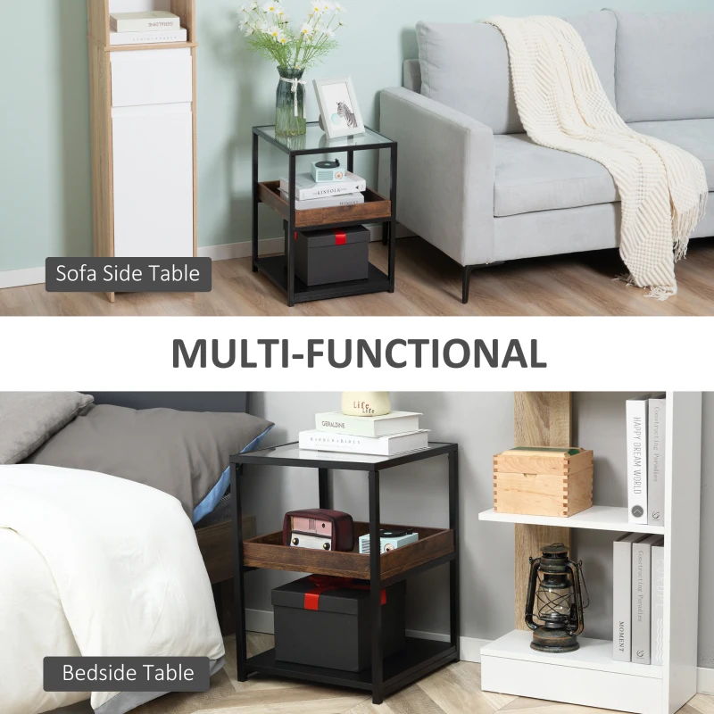 HOMCOM Industrial Side Table, 3-Tier End Table with Glass Top, Middle Tray and Storage Shelf, Nightstand with Steel Frame for Bedroom, Living Room, Rustic Brown