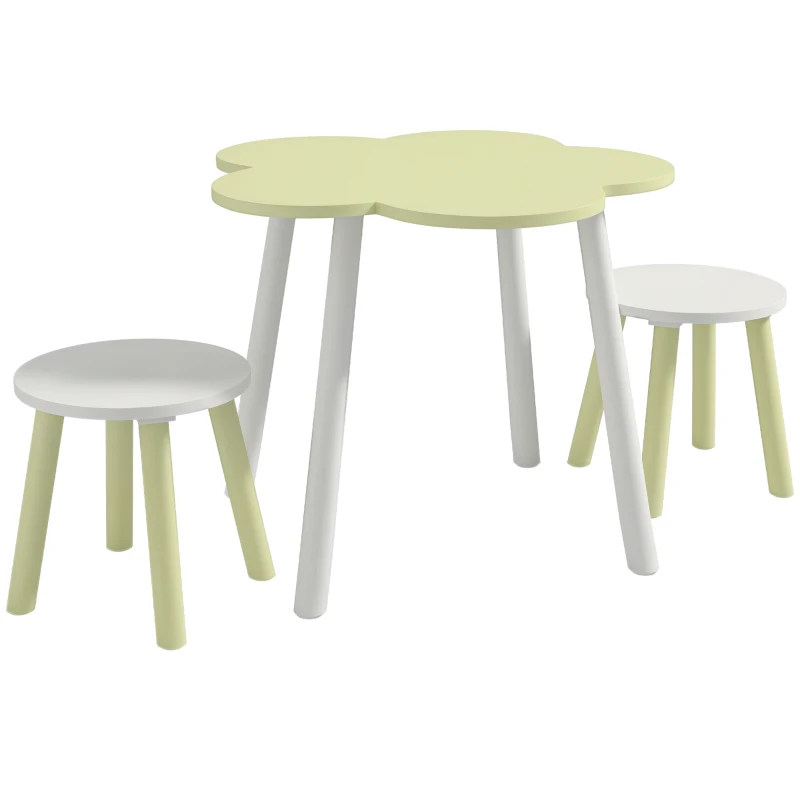 ZONEKIZ Set Tavolo e Sedie per Bambini 2-5 Anni, 3 pezzi in MDF e Legno di Pino con Design a Fiori, Giallo e Bianco