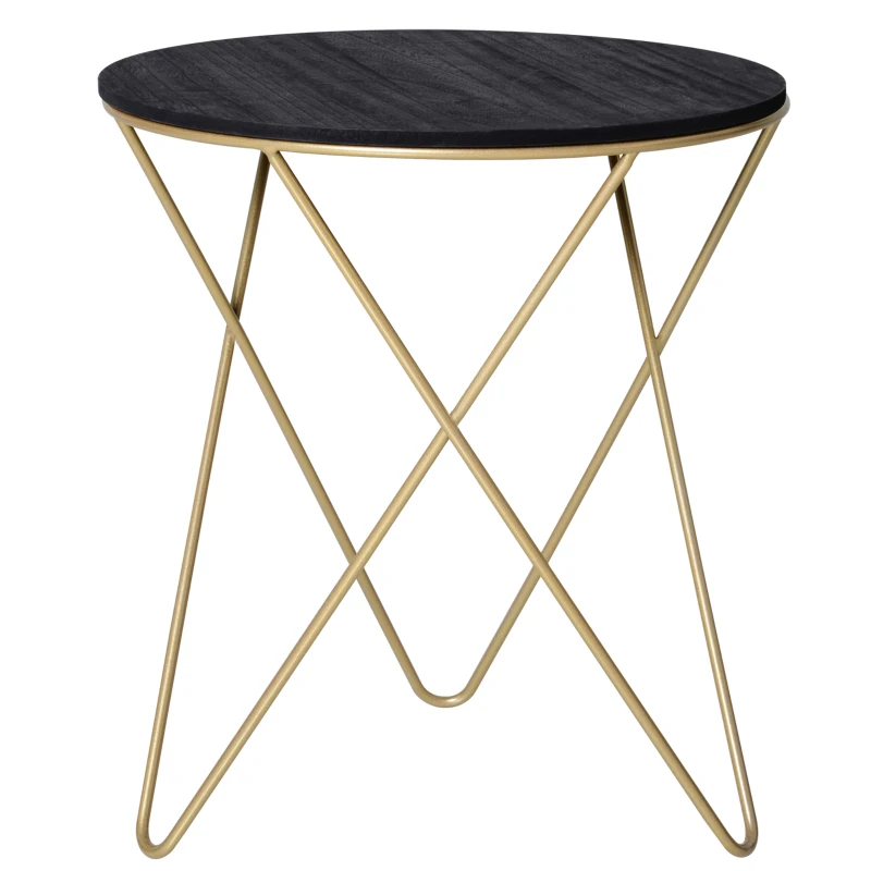 HOMCOM Round End Table, Sofa Side Table with Wood Grain Top and Metal Crossed Legs, Accent Coffee Table for Living Room, Bedroom, Black, Gold Tone