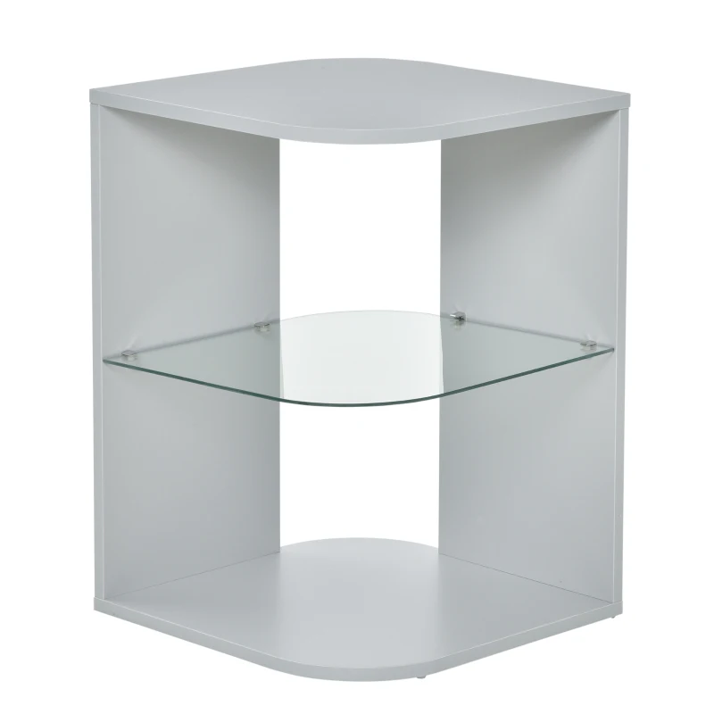 HOMCOM Modern Side Table, 3-tier Bedside Table, Nightstand with 2 Storage Shelves, Glass Shelf for Living room, Bedroom, Corner, Grey