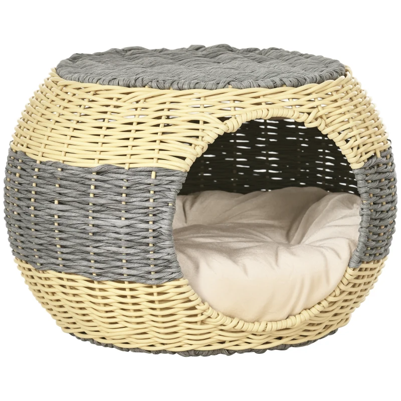 PawHut Wicker Cat House, Rattan Raised Cat Bed, Cosy Kitten Cave with Soft Washable Cushion, Φ40 x 30cm