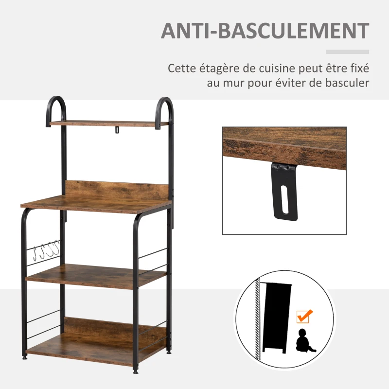 HOMCOM Étagère de cuisine, étagère micro-onde 3 étagères plateau crochets châssis acier 60 x 40 x 125 cm effet bois d'acajou