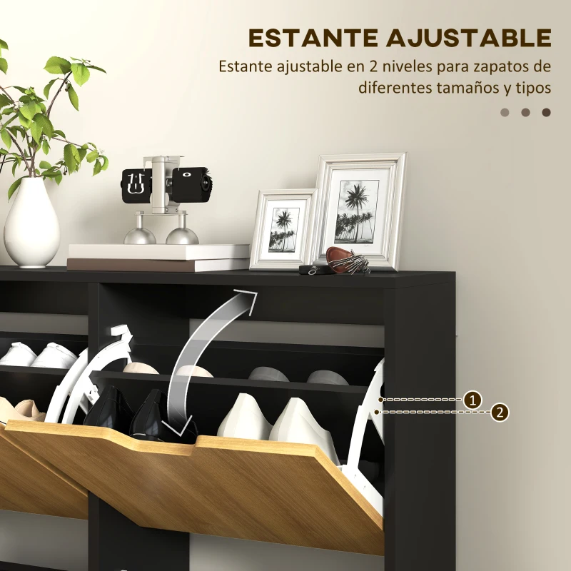 HOMCOM Zapatero Estrecho con 4 Cajones Abatibles y Estantes Ajustables para 16 Pares 95x26x95 cm Natural y Negro