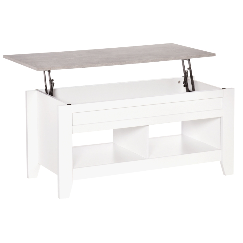 HOMCOM Mesa de Centro Elevable Mesa de Café con Encimera Elevable 2 Compartimentos Abiertos y Espacio Oculto de Almacenaje 105x50x49 cm Blanco y Efecto Mármol