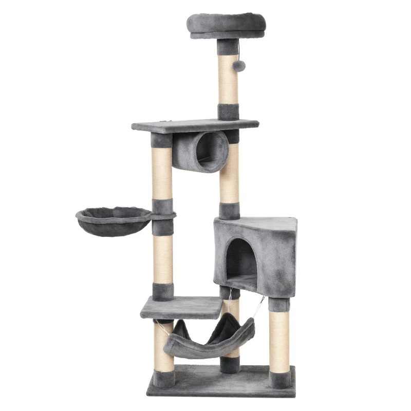 PawHut Tiragraffi a Colonna per Gatti con Cuccia, Amaca, Lettini Sospesi e Pali in Corda Sisal, Grigio, 60x40x154cm