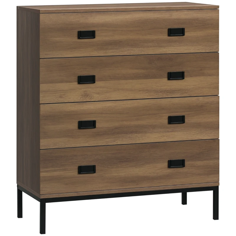 HOMCOM Cassettiera 4 Cassetti in Truciolato e Metallo per Soggiorno e Camera da Letto, 80x39x95 cm, Marrone