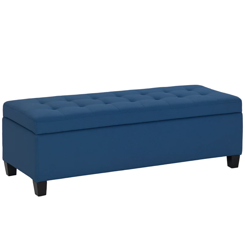 HOMCOM Banc de rangement 94,5L banquette bout de lit en tissu aspect lin et pieds en bois, 125 x 49 x 41,5 cm, bleu