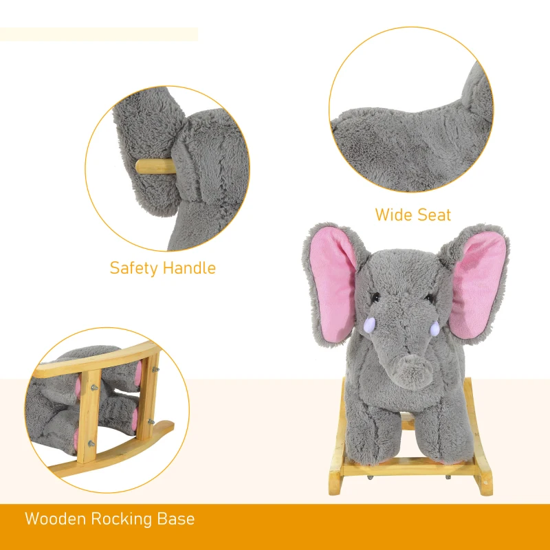 HOMCOM Kids Children Rocking Horse Plush Ride on Animal Wooden Riding Rocker Gift w/32 nursery rhymes (Grey Elephant)