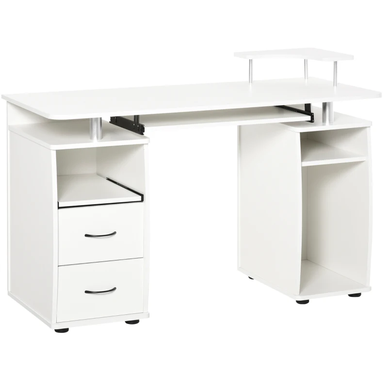 HOMCOM Escritorio con Estanterías Mesa de Ordenador con 2 Cajones Bandeja de Teclado Soportes para Monitor 120x55x85 cm Blanco