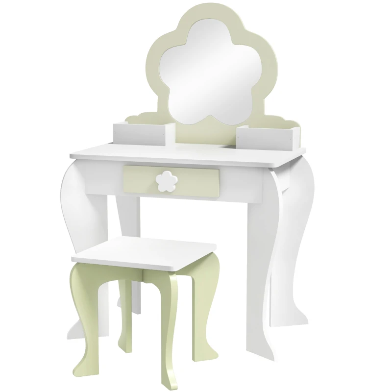 ZONEKIZ Tocador para Niñas con Espejo y Taburete Tocador de Maquillaje con 2 Cajas y 1 Cajón 55x34x87,5 cm Blanco y Verde Pastel
