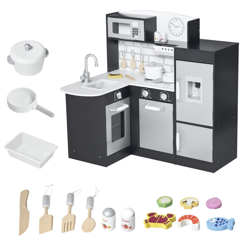 HOMCOM Cucina Giocattolo per Bambini in Legno con 14 Accessori, Forno, Lavandino, Frigo e Microonde, Età 3+ Anni, 86x64x84.5cm, Argento e Marrone