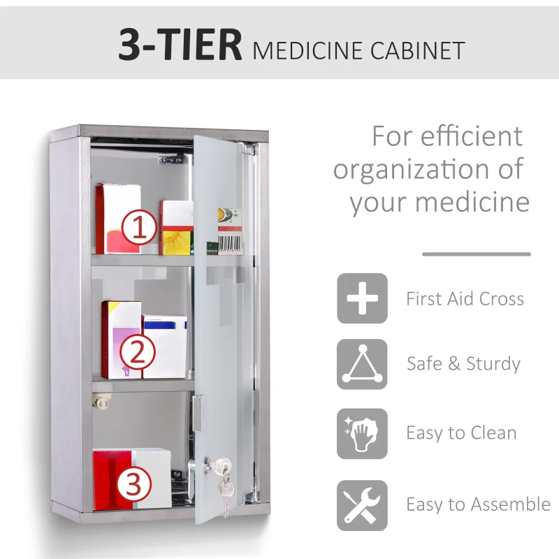 HOMCOM Wall Mounted Medicine Cabinet, Stainless Steel Bathroom Storage Cabinet with 2 Shelves, Glass Door Lockable