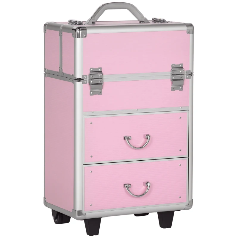 HOMCOM Husă pentru Călătorii de Machiaj, Cărucior Mare de Depozitare pentru Produse Cosmetice, 37x23x59 cm, Roz