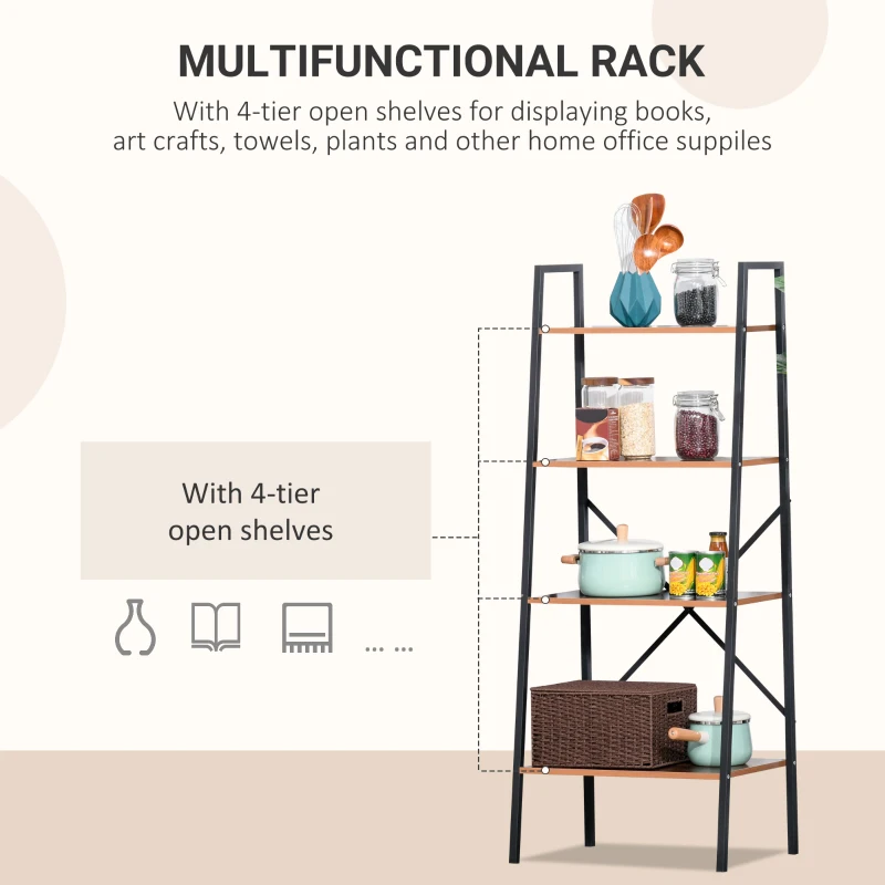 HOMCOM 4-Tier Ladder Shelf, Freestanding Bookshelf, Storage Rack with Steel Frame for Living Room, Black and Brown