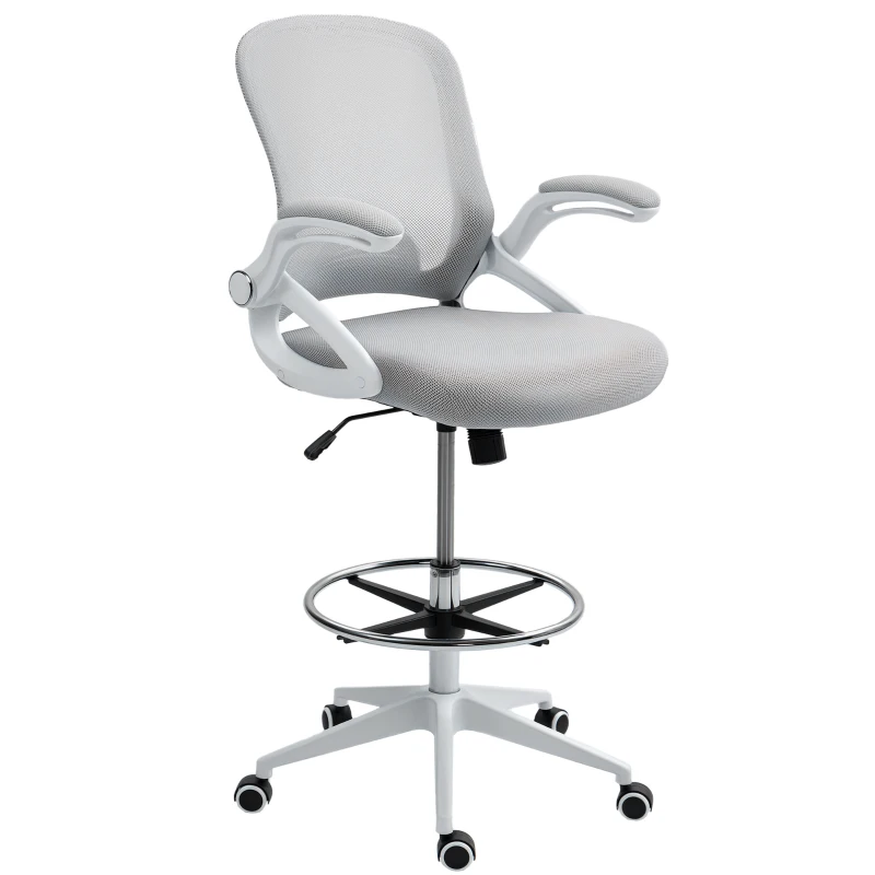 Vinsetto Drafting Chair with Flip-up Armrest, Mesh Office Stool with Foot Ring, 360 Degree Swivel Height Adjustable Chair for Standing Desk, Light Grey