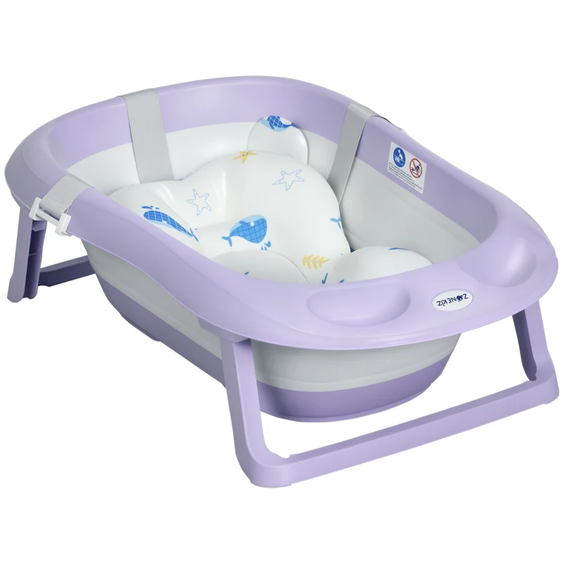 ZONEKIZ Cadita pentru Baie Pliabila pentru Copii 0-6 ani cu Perna si 2 Spatii de Depozitare Incluse, 83x48x23.5 cm, Violet si Alb