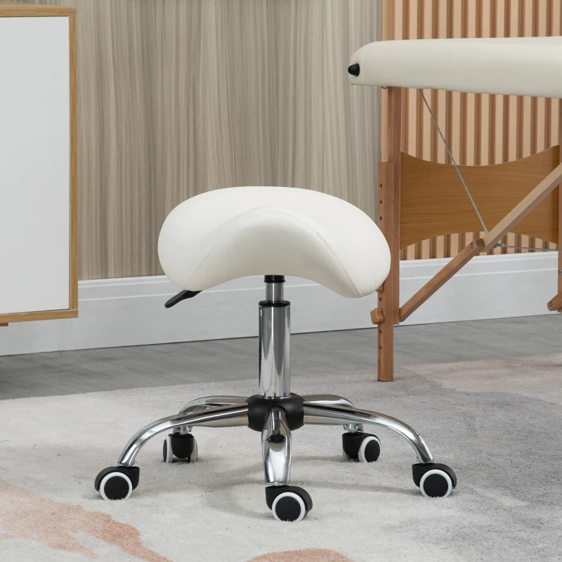 HOMCOM Height Adjustable Saddle Stool with Swivel Wheels, Faux Leather Salon Chair for Hairdressing, Beauty, Tattoo, White