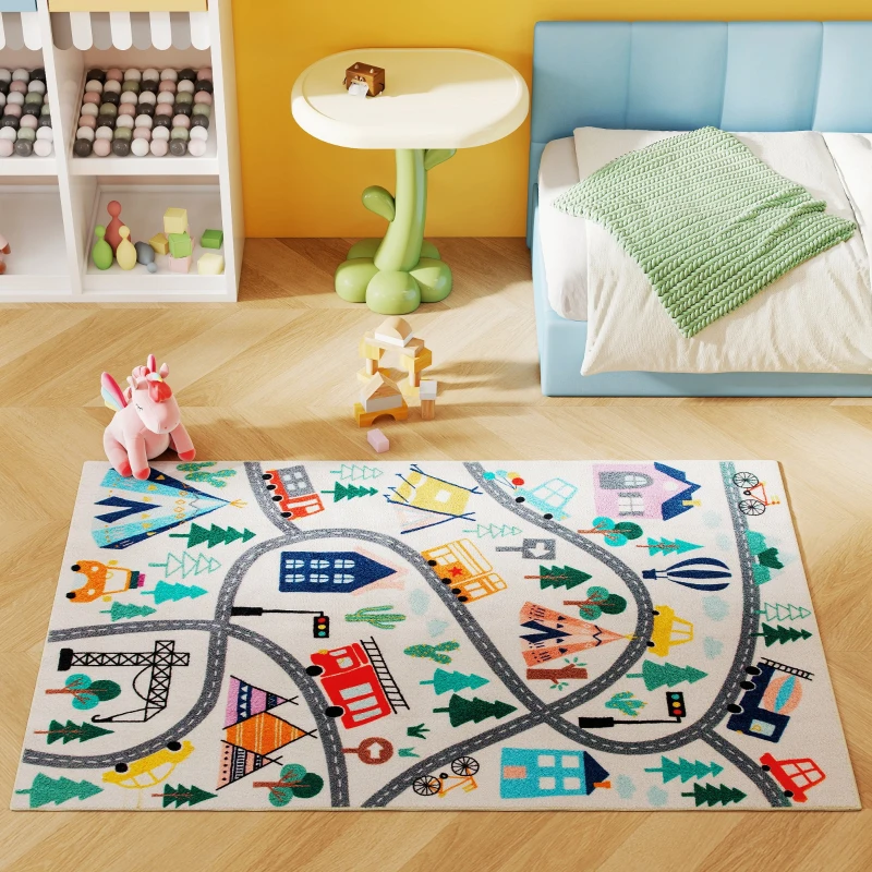 HOMCOM Alfombra con Patrón de Autopista, Fondo Blanco, Fleece Suave, Fácil de Limpiar, Multicolor