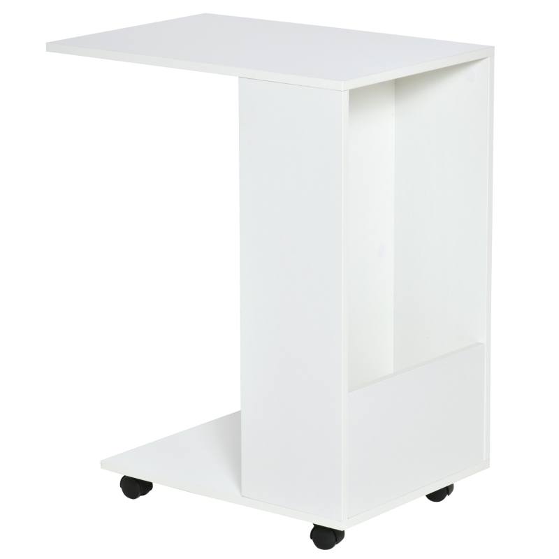 HOMCOM C-Shape Sofa Side Table with Wheels and Storage, Mobile End Table for Laptop, Coffee, Snack, White