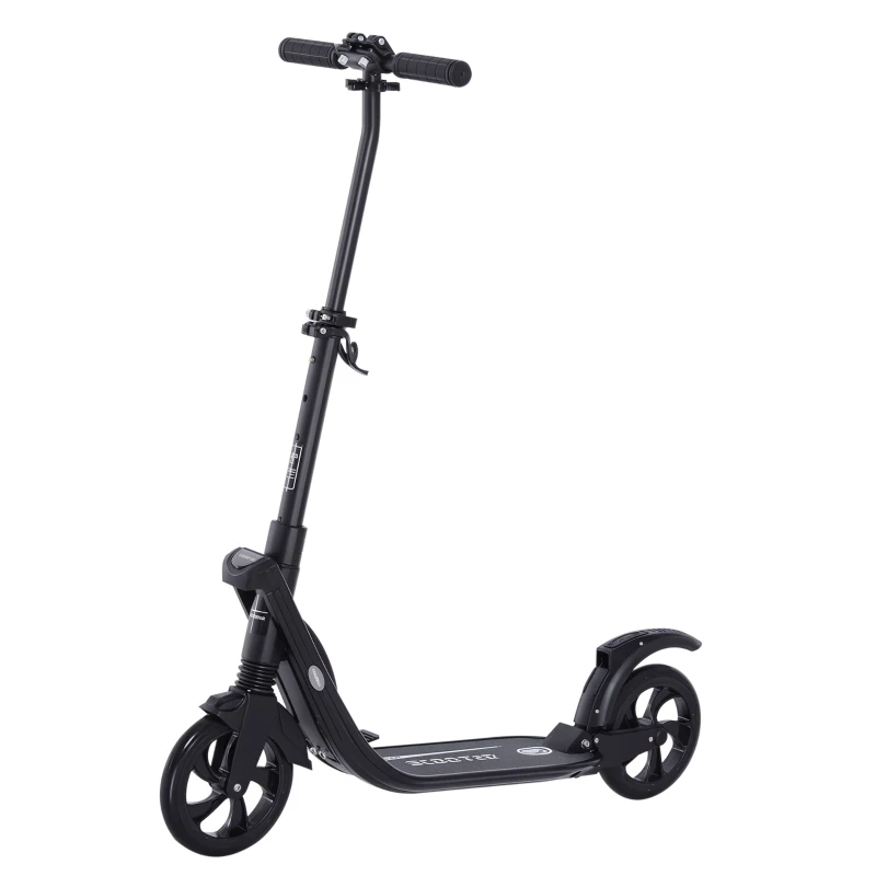 HOMCOM Patinete Plegable para Adultos y Niños +14 años Scooter Ligero con Manillar Altura Ajustable Tipo Monopatín con Freno Grandes Ruedas Ø200 mm Amortiguador Aluminio Carga 100 kg Negro
